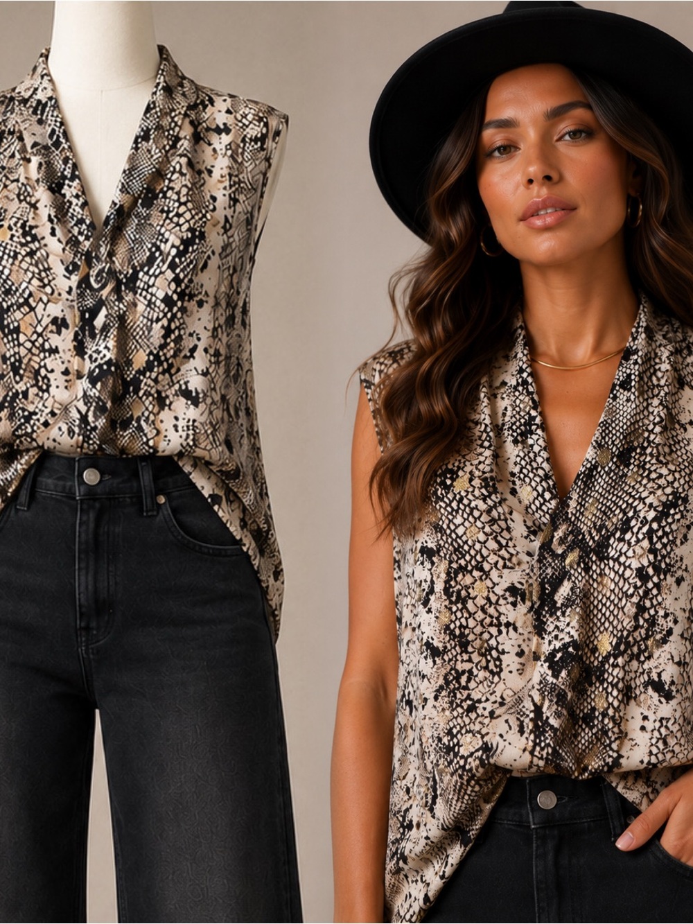 Draped V-Neck Snake-Print Sleeveless Camisole in Beige & Black